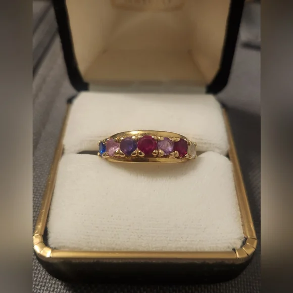 10K Gold Genuine Ruby Sapphire Amethyst Rainbow Band Ring